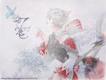  animal_ears bug butterfly cat_ears cat_tail copyright_name detached_sleeves feathers final_fantasy final_fantasy_xiv frill_trim frills fur green_eyes hair_ornament insect leaf lips lipstick makeup miqo'te official_art staff tail watermark white_hair white_mage 
