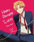  artist_name blonde_hair dio_brando happy_birthday heart jojo_no_kimyou_na_bouken male_focus necktie phantom_blood red_background red_eyes rin2010 smile solo striped striped_legwear suit_jacket suspenders 