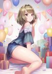  balloon banner bare_legs bare_shoulders barefoot blouse blue_eyes blush box brown_hair commentary_request confetti from_side gift gift_box green_blouse green_eyes hair_intakes happy_birthday heterochromia idolmaster idolmaster_cinderella_girls legs looking_at_viewer looking_back meto31 mole mole_under_eye no_legwear off_shoulder pennant seiza short_hair shorts sitting smile solo string_of_flags stuffed_animal stuffed_toy takagaki_kaede teddy_bear yokozuwari 