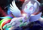  2017 blue_feathers clothed clothing equine feathered_wings feathers female feral flying friendship_is_magic hair hi_res mammal multicolored_hair my_little_pony pegasus planet purple_eyes rainbow_dash_(mlp) scarlet-spectrum solo space spacesuit spread_wings star wings 