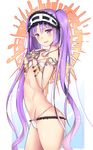  arched_back bangs bare_shoulders bikini blush breasts covered_nipples cowboy_shot fate/grand_order fate/hollow_ataraxia fate_(series) from_side groin hairband highres jewelry lolita_hairband long_hair looking_at_viewer micro_bikini navel parted_bangs parted_lips purple_eyes purple_hair small_breasts smile solo stheno swimsuit thighs twintails untsue very_long_hair 