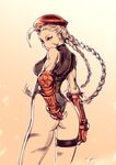  adjusting_clothes adjusting_leotard ass beret breasts cammy_white elbow_gloves fingerless_gloves from_behind gloves hat highleg highleg_leotard highres leotard long_hair looking_back medium_breasts scar sepia solo street_fighter thigh_strap thong_leotard typo_(requiemdusk) 