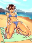  ass_visible_through_thighs barefoot beach bikini blue_bikini breasts brown_eyes brown_hair bun_cover chun-li day double_bun eyebrows full_body hair_between_eyes highres kneeling medium_breasts ocean short_hair side-tie_bikini solo street_fighter swimsuit thick_thighs thighs toes typo_(requiemdusk) 