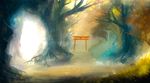  bush commentary fantasy forest forest_of_magic highres light_particles nature no_humans outdoors plant scenery torii touhou tree 