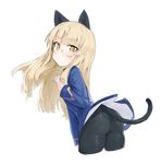  animal_ears ass bangs bent_over black_legwear blonde_hair blunt_bangs cat_ears cat_tail cropped_legs eyebrows_visible_through_hair glasses hand_on_own_chest highres kylin long_hair long_sleeves looking_at_viewer looking_back military military_uniform no_pants pantyhose perrine_h_clostermann simple_background solo strike_witches tail uniform white_background world_witches_series yellow_eyes 