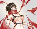  arched_back black_eyes black_hair harness highres looking_at_viewer mikasa_ackerman navel parted_lips pauld scarf shingeki_no_kyojin short_hair simple_background solo 