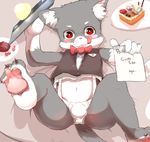  3_toes 4_fingers anthro blush bow_tie briefs cat clothing cub feline food fur grey_fur lying male mammal navel nekowuwu on_back pawpads red_eyes solo toes tongue tongue_out underwear vest white_fur young 