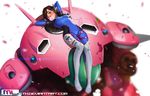  artist_logo artist_name blue_bodysuit blush bodysuit breasts brown_hair bubble_blowing character_name chewing_gum commentary crossed_arms d.va_(overwatch) deviantart_username facepaint facial_mark head_rest headset highres knees_together_feet_apart long_hair looking_at_viewer lying mathias_leth mecha medium_breasts meka_(overwatch) on_back on_mecha overwatch petals pilot_suit revision simple_background solo watermark web_address whisker_markings white_background 