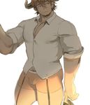  bara boy brown_hair bulge facial_hair horns ki_ichi_(arbbun) male_focus muscle pointy_ears solo underwear undressing 