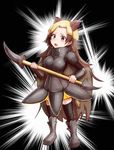  animal_ears armor armored_boots black_background blonde_hair boots brown_hair full_body grey_eyes kain_ty kemono_friends long_hair longhorn_lance multicolored_hair open_mouth polearm rhinoceros_ears solo spear sumatran_rhinoceros_(kemono_friends) teeth thighhighs two-tone_hair weapon 