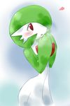  1girl blue_background blush gardevoir green_hair hair_over_one_eye hands_together heart looking_up no_humans open_mouth pokemon pokemon_(creature) pokemon_rse red_eyes short_hair simple_background solo standing yu_yun 