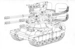  collaboration elephant_(pink_panzer) excel_(gewalt) gatling_gun greyscale ground_vehicle military military_vehicle monochrome motor_vehicle nantoka_fumihiko pink_panzer_~pink_no_zou~ redesign tank 