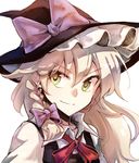  1girl blonde_hair braid hair_ribbon hat kirisame_marisa long_hair looking_at_viewer mitsunara neck_ribbon ribbon smile solo touhou upper_body witch_hat yellow_eyes 