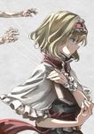  1girl alice_margatroid blonde_hair blue_eyes book bow capelet doll_joints expressionless hair_bow mitsunara necktie sash short_hair solo string touhou wrist_cuffs 