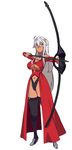  archer bow_(weapon) breasts cleavage dark_skin fate/stay_night fate_(series) genderswap genderswap_(mtf) grey_eyes highleg hrunting large_breasts lilirulu long_hair side_ponytail solo thighhighs weapon white_background white_hair 