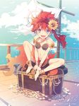  barefoot bike_shorts bikini blue_eyes copyright_name gold jonejung looking_at_viewer luck_&amp;_logic navel official_art red_hair short_hair sitting solo spread_legs swimsuit treasure_chest 