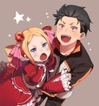  1girl beatrice_(re:zero) black_hair blonde_hair blue_eyes cross-laced_clothes crown dress drill_hair from_above hair_ribbon jacket long_hair mini_crown natsuki_subaru open_mouth orange_eyes re:zero_kara_hajimeru_isekai_seikatsu red_dress ribbon rin2010 smile star starry_background twin_drills 