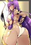  absurdres agetama armband ass bracelet dark_skin earrings egyptian_clothes facial_mark fate/grand_order fate_(series) from_below hand_on_hip highres hoop_earrings jewelry long_hair looking_back nitocris_(fate/grand_order) purple_eyes purple_hair smirk solo staff standing vambraces 