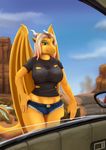  2017 anthro breasts car clothing desert dragon female green_eyes hitchhiking horn looking_at_viewer mik3thestrange scalie shirt shorts smile solo torn_clothing vehicle window wings 