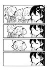  &gt;_&lt; :&lt; =_= akebono_(kantai_collection) bell closed_eyes comic flower greyscale hair_bell hair_bobbles hair_flower hair_ornament hands_together ichiei jingle_bell kantai_collection monochrome multiple_girls oboro_(kantai_collection) praying sazanami_(kantai_collection) short_hair side_ponytail smile translated triangle_mouth twintails ushio_(kantai_collection) 