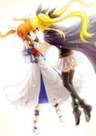  blonde_hair blue_eyes brown_hair cape commentary_request dress face-to-face fate_testarossa floating gloves hair_ribbon hands_on_another's_face holding_hands inukoro_(spa) long_hair looking_at_another lyrical_nanoha magical_girl mahou_shoujo_lyrical_nanoha multiple_girls neck_ribbon orange_hair red_eyes ribbon skirt smile takamachi_nanoha thighhighs twintails white_background yuri zettai_ryouiki 