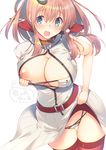  belt blue_eyes breast_pocket breasts brown_hair buttons dress hair_between_eyes kantai_collection large_breasts long_hair mutsuno_hekisa neckerchief nipples open_clothes open_dress open_mouth panties pocket ponytail red_legwear red_neckwear saratoga_(kantai_collection) simple_background solo thighhighs underwear white_background white_dress white_panties 