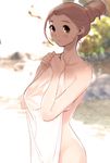  breasts brown_eyes brown_hair covered_nipples covering dytm hair_up highres large_breasts long_hair looking_at_viewer nude_cover onsen original pool_monitor_part-timer_(dytm) see-through_silhouette solo sweatdrop towel white_towel 