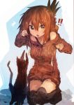  !! /\/\/\ 1girl absurdres alternate_costume bangs brown_eyes brown_hair brown_sweater cat cat_teaser commentary_request dress folded_ponytail hair_between_eyes highres inazuma_(kantai_collection) kaamin_(mariarose753) kantai_collection kneeling looking_at_viewer off_shoulder open_mouth over-kneehighs playing solo surprised sweatdrop sweater sweater_dress thighhighs 