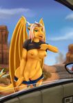  2017 big_breasts breasts car clothed clothing clothing_lift desert dragon female flashing green_eyes hitchhiking horn invalid_tag looking_at_viewer mik3thestrange navel nipple_piercing nipples open_mouth pants pants_down partially_clothed piercing pussy scalie shirt shirt_lift shorts solo undressing vehicle window wings 