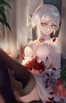  blue_eyes breasts cleavage dress eyelashes flower highres long_sleeves looking_at_viewer medium_breasts pale_skin petals qitoli silver_hair sinoalice sitting snow_white_(sinoalice) solo thighhighs white_hair 