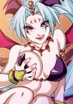  bare_shoulders bat_wings bikini_top blue_hair breasts bridal_gauntlets cleavage delta_(words_worth) demon_girl facial_mark fang forehead_mark head_wings highres licking_lips lips medium_breasts naughty_face necktie nipple_slip nipples pointy_ears red_eyes self_fondle solo strapless strapless_bikini succubus tongue tongue_out typo_(requiemdusk) wings words_worth 