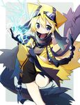  androgynous blonde_hair blue_eyes electricity galvantula gen_5_pokemon gloves goggles goggles_on_head looking_at_viewer personification pokemon standing standing_on_one_leg tassel yellow_cape 