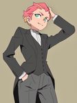  amanda_o'neill androgynous arai_hiroki coattails crossdressing formal green_eyes hand_in_pocket hand_on_own_head highres little_witch_academia multicolored_hair necktie orange_hair red_hair short_hair simple_background solo suit tomboy two-tone_hair 