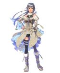  athena_(fire_emblem) bangs bare_shoulders black_legwear blue_hair braid breasts brown_eyes crown_braid detached_sleeves fire_emblem fire_emblem:_monshou_no_nazo fire_emblem_heroes full_body fur_trim highres long_hair looking_at_viewer medium_breasts miyuu official_art open_toe_shoes shoes shorts solo standing sword transparent_background weapon 