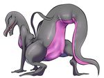  2016 all_fours black_skin crouching female looking_at_viewer looking_back nabesiki nintendo pok&eacute;mon purple_skin rear_view salazzle simple_background solo video_games white_background 