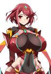  arms_behind_back bad_anatomy bad_id bad_twitter_id bodysuit breasts covered_navel curvy hips homura_(xenoblade_2) huge_breasts impossible_bodysuit impossible_clothes long_hair looking_at_viewer nuezou red_eyes red_hair short_hair simple_background smile solo white_background wide_hips xenoblade_(series) xenoblade_2 