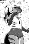  aardwolf aardwolf_(kemono_friends) anthro bangs bare_shoulders breasts character_name clothing digital_media_(artwork) dithering doubutsu_daisuki_ojisan female fur gloves_(marking) hair hair_between_eyes hyena japanese_text kemono kemono_friends long_hair mammal markings open_mouth ponytail portrait shorts signature simple_background sleeveless small_breasts smile solo standing striped_fur stripes sweat text three-quarter_portrait white_background 