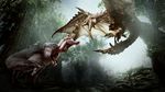  absurdres anjanath dinosaur_tail dragon flying forest full_body highres looking_at_another monster monster_hunter monster_hunter:_world nature no_humans open_mouth outdoors rathalos sharp_teeth spikes tail teeth wings wyvern 