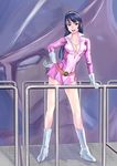  70s aphrodai_a belt black_hair boots breasts brown_eyes canopy catwalk cleavage gloves hairband hand_on_hip hangar head hime_cut mazinger_z mecha miniskirt oldschool pilot_suit science_fiction shimaguni_yamato sketch skirt uniform yumi_sayaka 