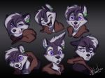  2017 anthro ayken black_fur black_hair black_nose bleats blush clothed clothing digital_media_(artwork) ear_piercing eyes_closed fur gradient_background hair hoodie looking_at_viewer male mammal mephitid multicolored_fur multicolored_hair open_mouth piercing pink_tongue purple_eyes short_hair signature simple_background skunk smile solo teeth tongue two_tone_fur two_tone_hair white_fur white_hair 