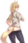  animal_ears ass ayyh blonde_hair contrapposto eyebrows_visible_through_hair from_behind hand_on_hip hand_on_own_chest highres long_hair looking_back low_ponytail lowleg lowleg_pants open_mouth original pants pants_pull red_eyes simple_background sleeves_folded_up smile solo standing tail white_background 