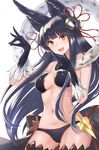  animal_ears bare_shoulders bell black_hair blue_hair breasts erune fangs fox_ears fox_shadow_puppet fox_tail fur_trim gen_(gen_7254) gloves granblue_fantasy hair_bell hair_ornament highres jingle_bell long_hair looking_at_viewer medium_breasts navel open_mouth red_eyes solo tail thighhighs yuel_(granblue_fantasy) 