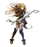  armor bangs blonde_hair blue_eyes boots bow_(weapon) elbow_gloves fingerless_gloves fire_emblem fire_emblem:_monshou_no_nazo fire_emblem_heroes full_body gloves grey_legwear highres holding holding_bow_(weapon) holding_weapon kuraine long_hair looking_at_viewer official_art pauldrons pleated_skirt puffy_sleeves quiver short_sleeves shoulder_armor skirt solo thighhighs transparent_background weapon yura_(ub4u) zettai_ryouiki 