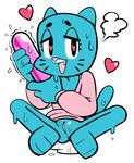  &lt;3 &lt;3_eyes anthro blue_fur cartoon_network cat clothed clothing dildo fangs feline female fur mammal mature_female mother nicole_watterson open_mouth parent pussy pussy_juice sex_toy simple_background sitting solo sweat sweater the_amazing_world_of_gumball watatanza white_background 