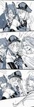  &gt;_&lt; /\/\/\ 3girls arm_around_shoulder bare_shoulders bismarck_(kantai_collection) bottle checkered checkered_neckwear closed_eyes collared_shirt comic drunk elbow_gloves eyebrows_visible_through_hair eyepatch gloves greyscale grin hair_between_eyes hat highres holding holding_bottle jun'you_(kantai_collection) kantai_collection long_hair military military_hat military_uniform monochrome multiple_girls necktie open_mouth partly_fingerless_gloves peaked_cap round_teeth shirt short_hair sleeveless sleeves_rolled_up smile spiked_hair straight_hair teeth tenryuu_(kantai_collection) uniform weidashming 