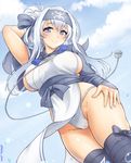  ainu_clothes anchor blue_eyes breasts cameltoe chain folded_ponytail fundoshi hair_between_eyes headband highres japanese_clothes kamoi_(kantai_collection) kantai_collection large_breasts long_hair pelvic_curtain pokke_(pokke-chan) smile solo white_hair 