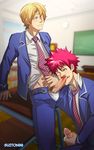  2boys blush classroom clenched_teeth cum erection licking_lips male_focus masturbation multiple_boys naughty_face necktie penis penis_grab red_hair school school_uniform shokugeki_no_sama student suiton tongue undressing yaoi 