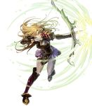  aiming armor arrow bangs blonde_hair blue_eyes boots bow_(weapon) drawing_bow elbow_gloves fingerless_gloves fire_emblem fire_emblem:_monshou_no_nazo fire_emblem_heroes full_body gloves grey_legwear highres holding holding_arrow holding_bow_(weapon) holding_weapon kuraine long_hair official_art outstretched_arm pauldrons pleated_skirt puffy_sleeves quiver short_sleeves shoulder_armor skirt solo thighhighs transparent_background weapon yura_(ub4u) 