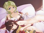  an-telin ass bed bed_sheet blonde_hair blue_eyes body_pillow bra bra_slip breasts brown_hair collarbone commentary diana_cavendish grabbing highres kagari_atsuko little_witch_academia long_hair lying medium_breasts multicolored_hair multiple_girls nude pillow red_eyes sheet_grab short_ponytail smile toe_scrunch two-tone_hair underwear yuri 