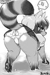  4_toes all_fours alternate_species anthro bent_over butt character_name clothing common_raccoon_(kemono_friends) digital_media_(artwork) dithering doubutsu_daisuki_ojisan facial_markings female fur furrification hair japanese_text kemono kemono_friends mammal markings miniskirt monochrome multicolored_fur multicolored_tail pawpads raccoon raised_tail rear_view short_hair signature simple_background skirt solo striped_fur stripes text thick_tail toes water white_background 